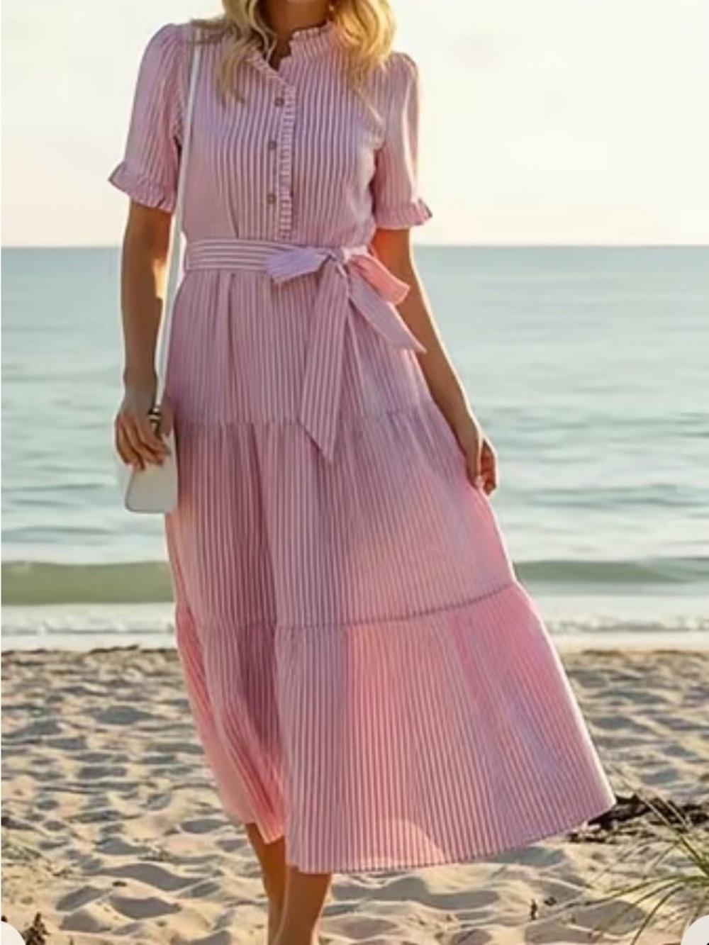 Striped Pink Tie-Waist Midi Dress